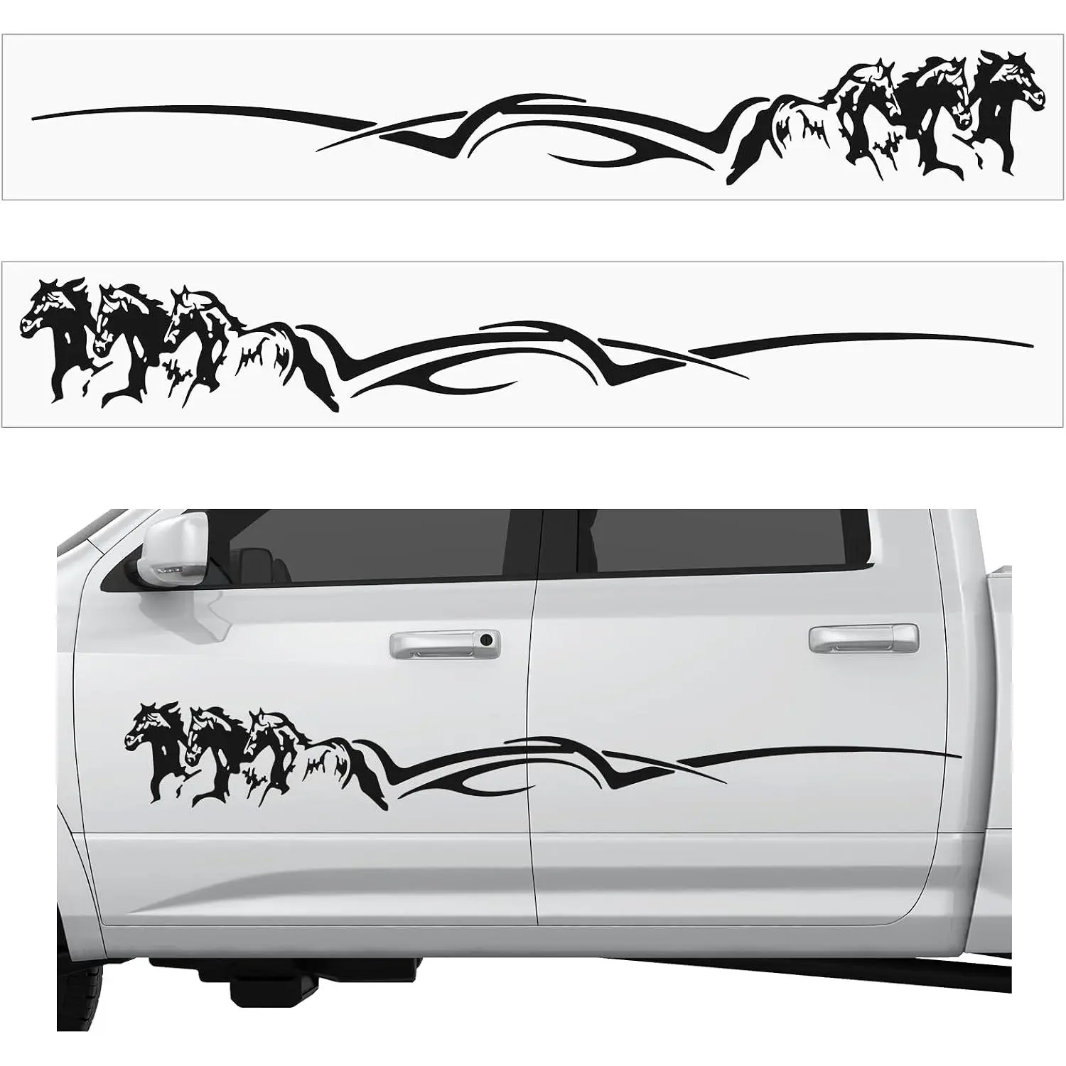 Fuyoooo 2-Piece Scratch-Resistant Horse Trailer Decal Set, 63.5x8.5in Black Vinyl Cartoon Character Running Horse Stickers, Self-Adhesive Vehicle Decoration for Truck, Car, RV