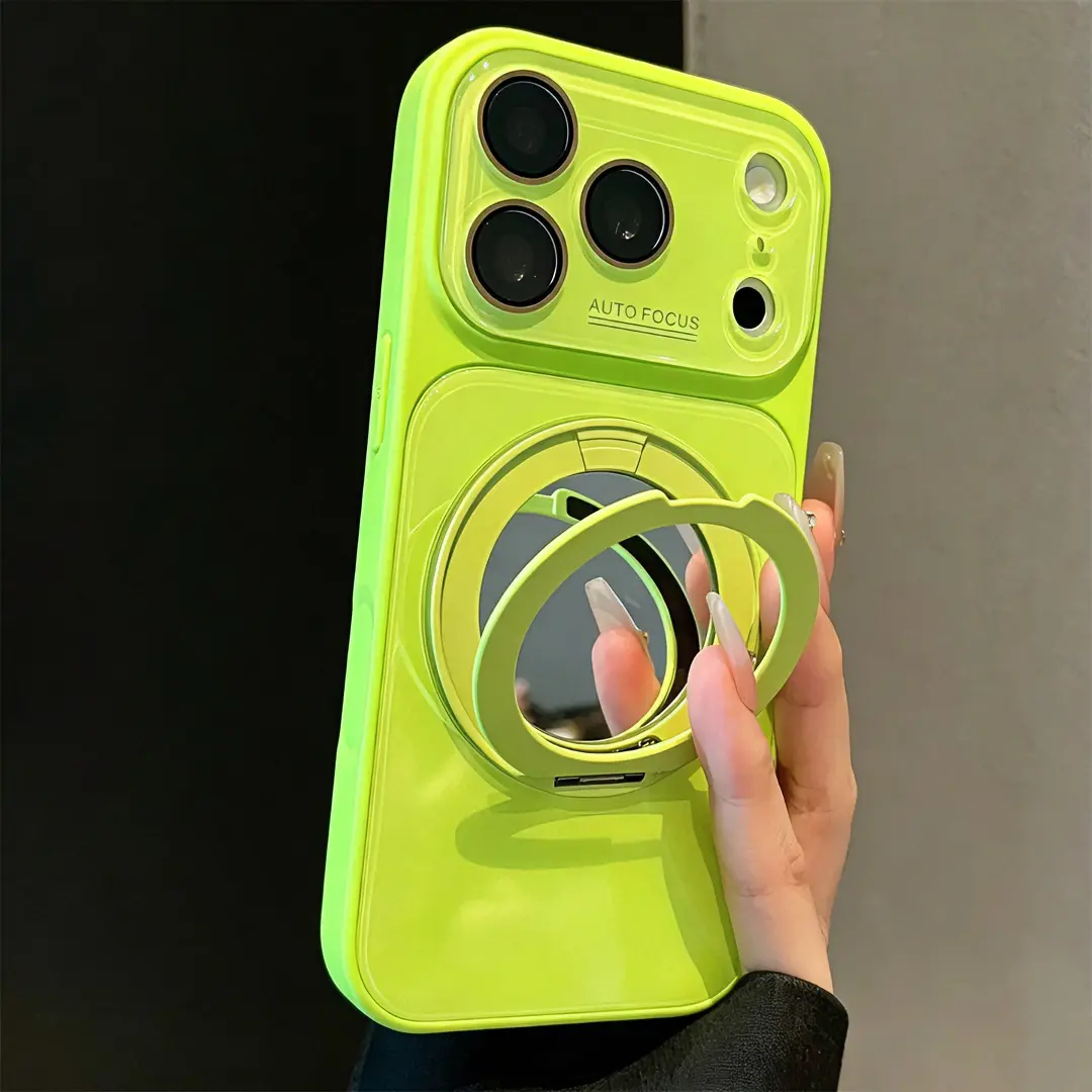 [Flash Fit] Rotating Stand Smartphone Casing with Makeup Mirror, Large View Window Glass - Handheld Cellphone Accessory for iPhone 17 Pro Max, 16 Pro, 15, 13, 12 Devices