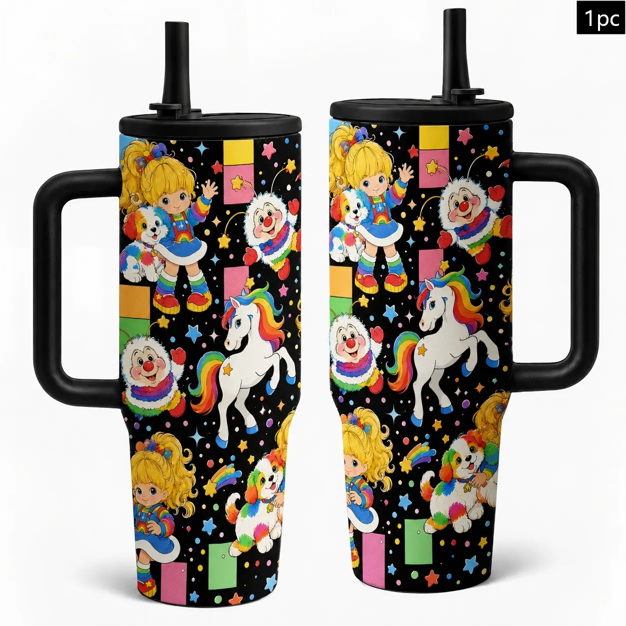 1pc 40oz Vintage Rainbow Brite Cartoon Insulated Drink Tumbler with Handle and Straw, Black Background 80s Retro Rainbow Pony Seamless Print Insulated Travel Mug, Drinkware Tumbler, Large Capacity Stainless Steel Water Cup for Nostalgic Fans Birthday Gift