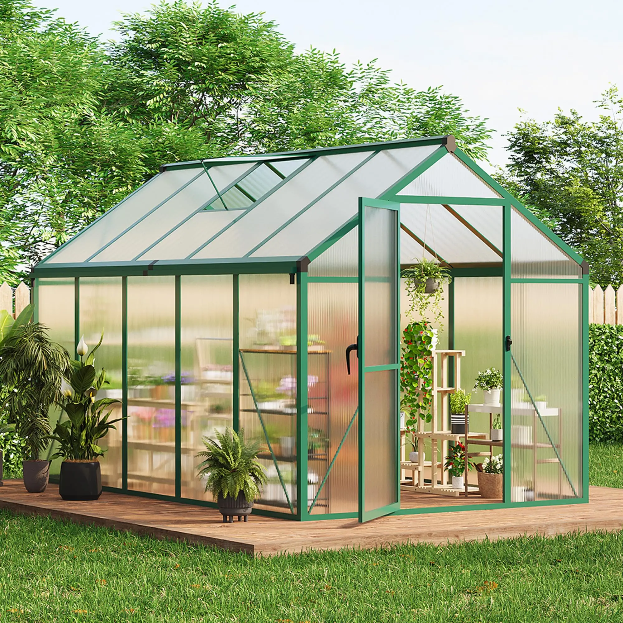 GARVEE6x10 FT Greenhouse for Outdoors, Polycarbonate Greenhouse with Roof Vent, Ground Nails, Lockable Push Door, Aluminum Large Walk-in Green House for Outside Garden Backyard, Patio, Lawn, Green