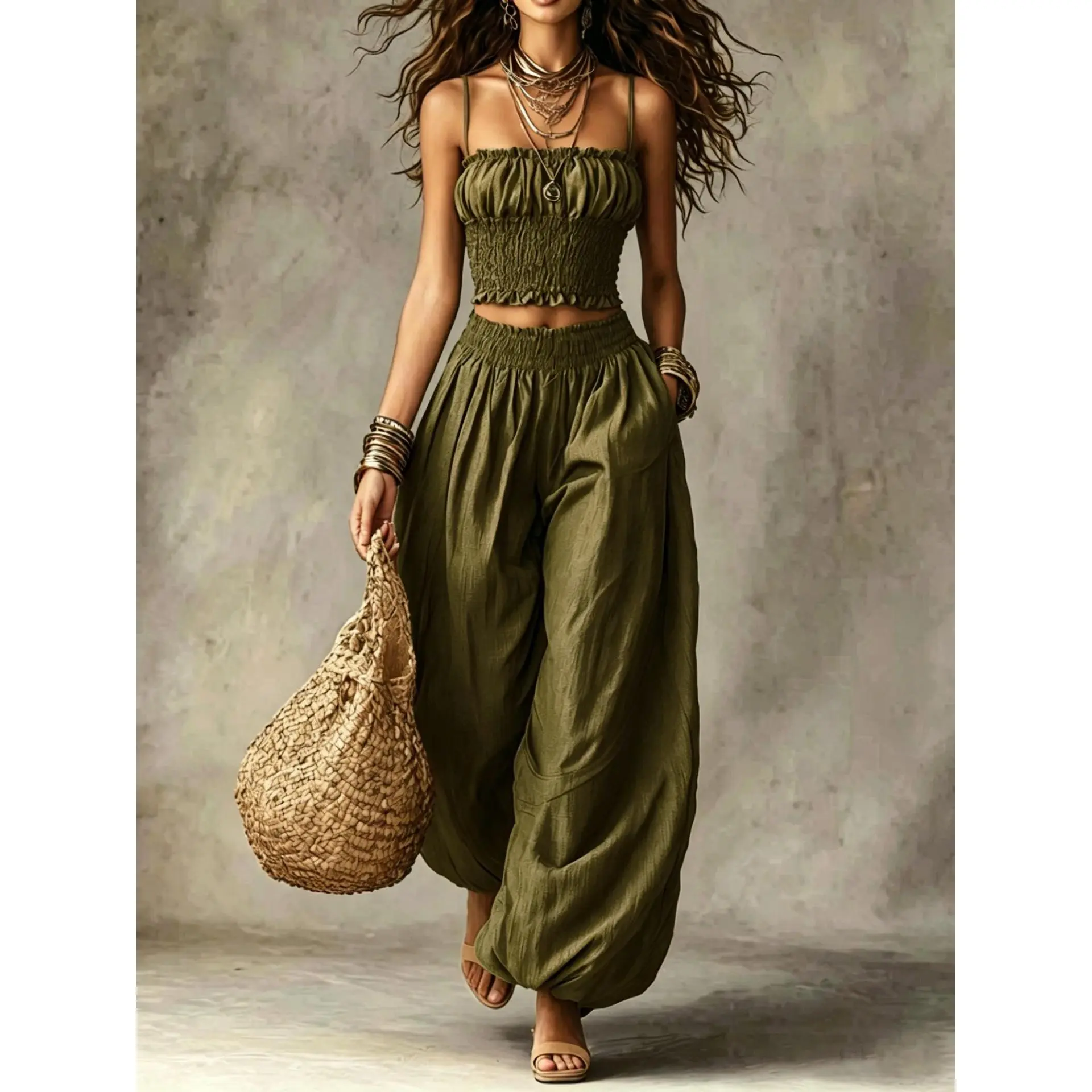 Elegant Bustier Short Cami And Lantern Pants Set, Vacation Casual Two-Piece Outfit, Women'S Style