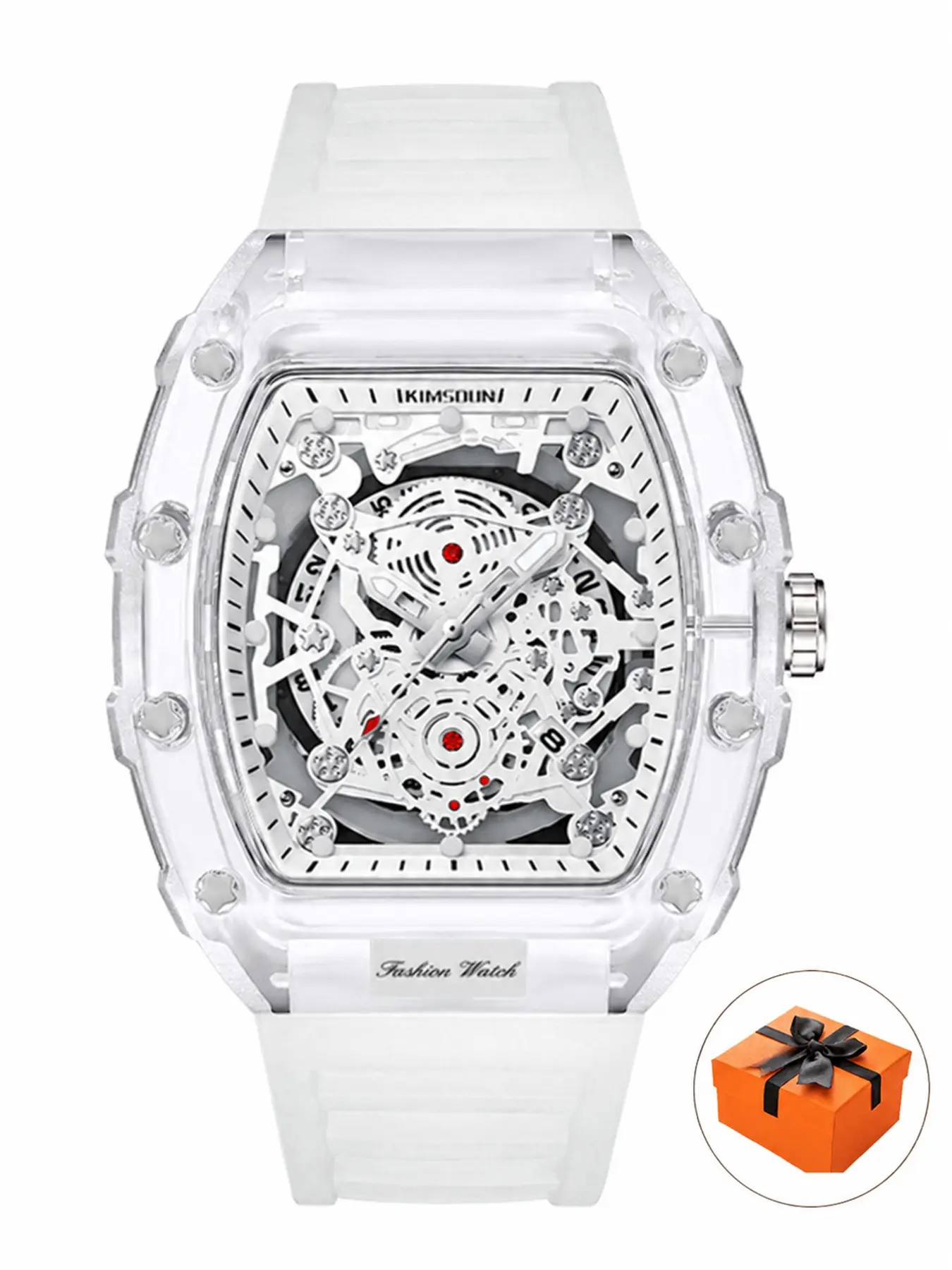Men's Transparent Case Hollow Out Watch, Silicone Strap, Large Dial Quartz Watch, Waterproof Night Light, Gift Box Included