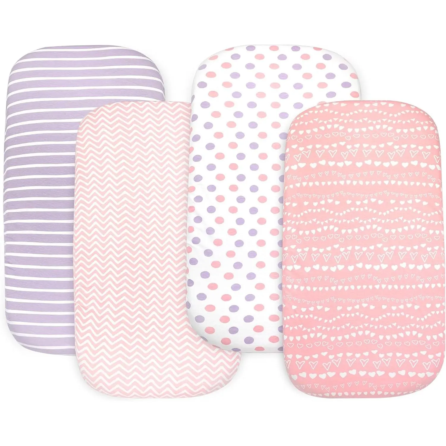 Cotton Fitted Bassinet Sheets, Bedside Sleeper Sheets 33x20x4, Pink-Purple-White, 4 Pack