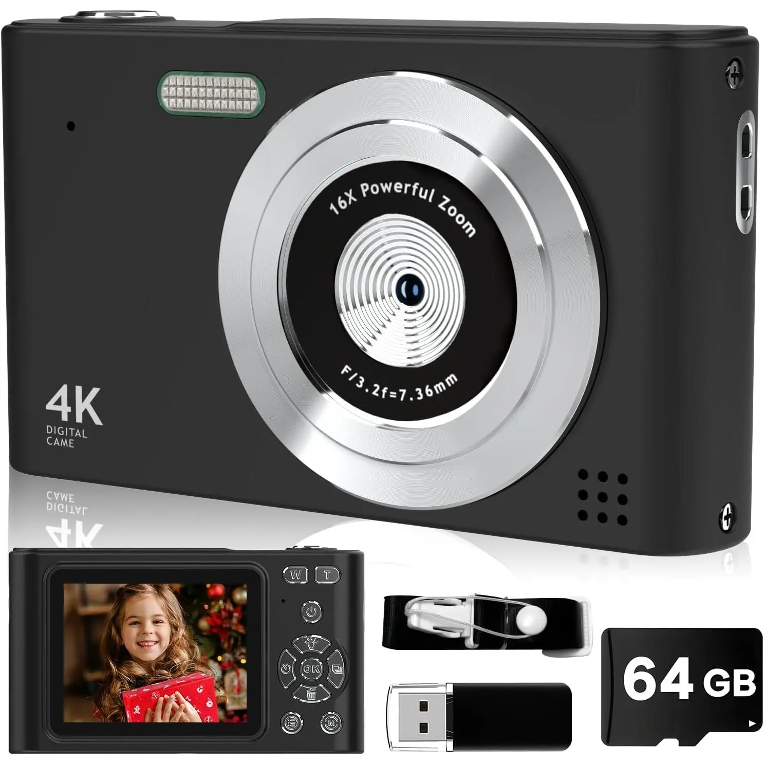 Digital Camera, 44MP  1080P Point and Shoot Camera with 64GB Card, Anti Shake 16X Zoom Compact Volg Cameras, Portable Small Camara  for , Ages Teen Girl Boy - Black