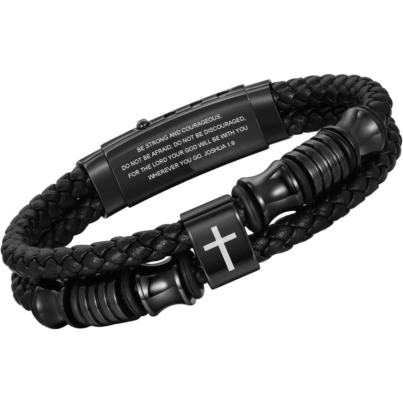 Christian Black Leather Bracelet for Men, Braided Leather  Adjustable |  Verse Engraving; Stainless Steel Accent; Faith ; Encouragement ; Daily Wristwear