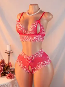 Women's Sexy Bra and Panty Set, Deep V Cutout Lace Trim Bow Open Crotch Lingerie, Floral Pattern, Slim-Fitting, All Seasons
