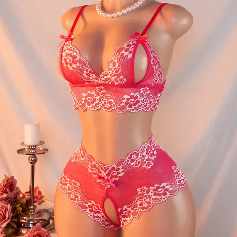 Women's Sexy Bra and Panty Set, Deep V Cutout Lace Trim Bow Open Crotch Lingerie, Floral Pattern, Slim-Fitting, All Seasons Underwear Sets