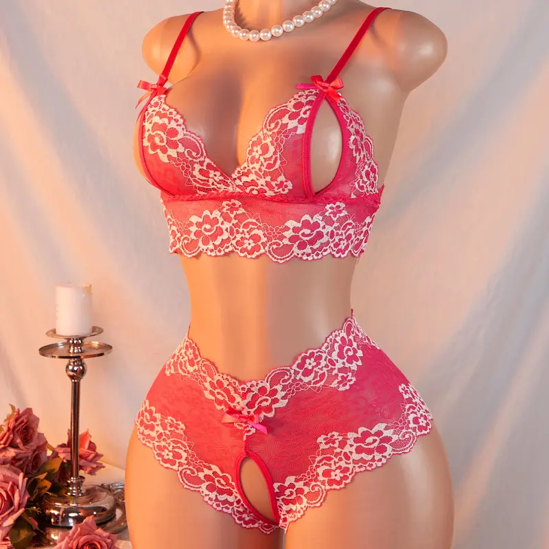 Women's Sexy Bra and Panty Set, Deep V Cutout Lace Trim Bow Open Crotch Lingerie, Floral Pattern, Slim-Fitting, All Seasons Underwear Sets