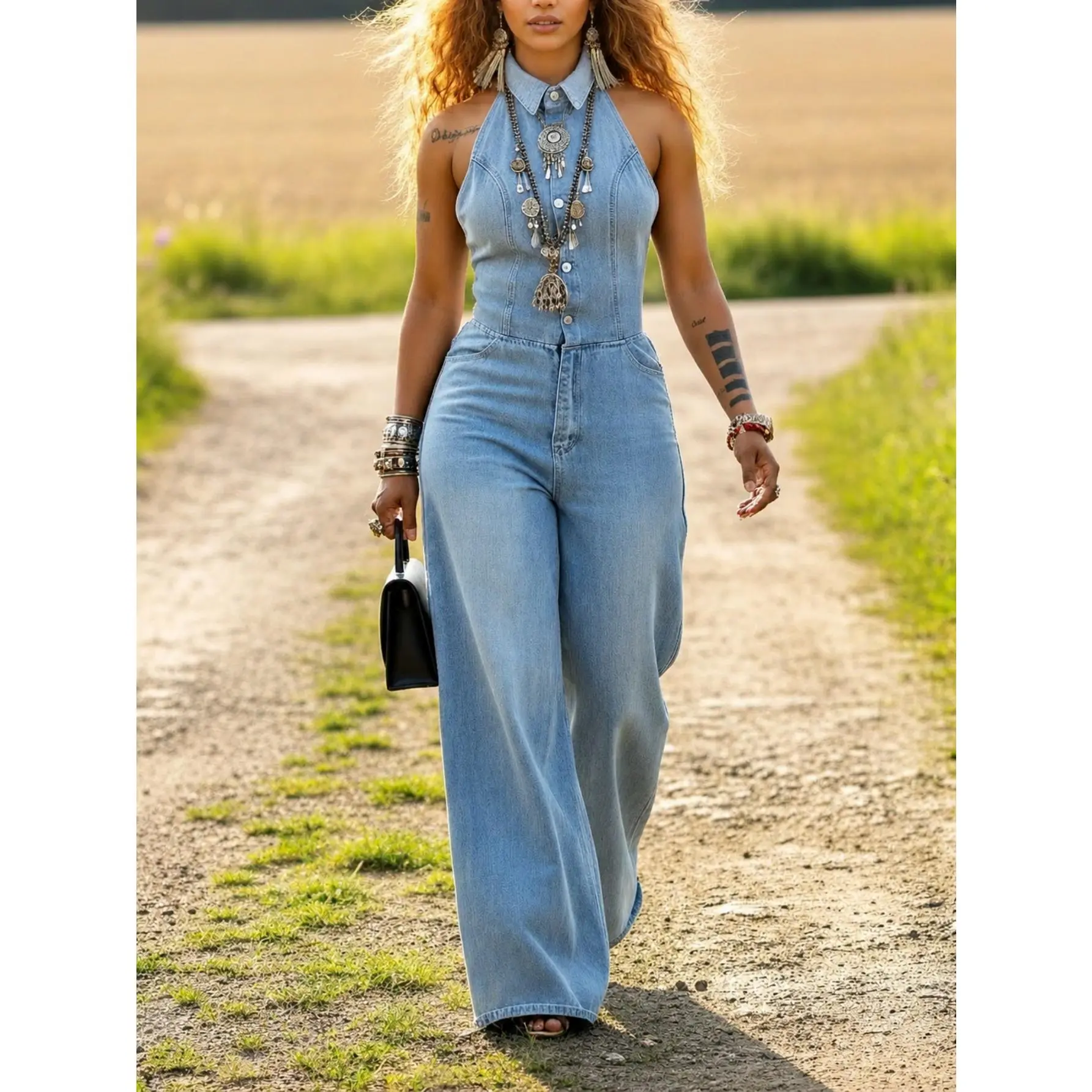 Women's Denim Jumpsuit-Women's Spice Girl Vintage Lapel Neck Single-breasted Backless Denim Jumpsuit Trousers
