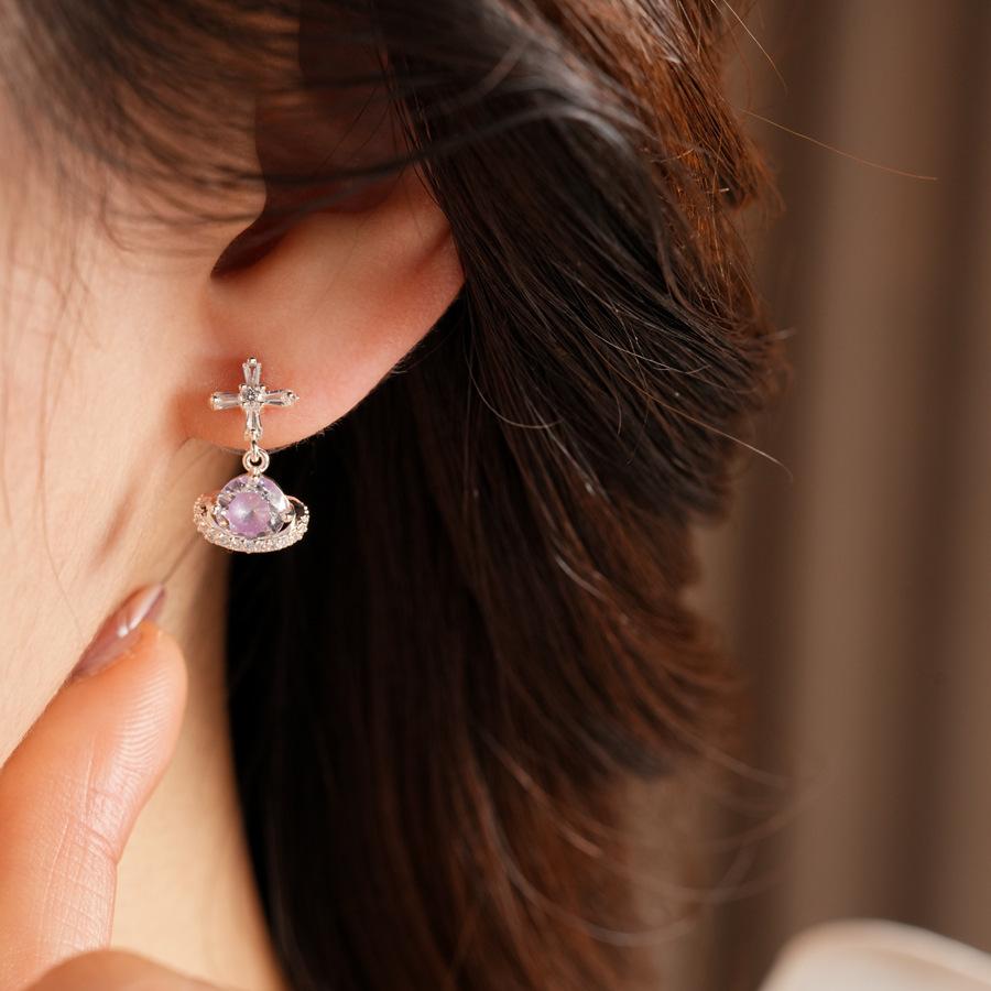925 Silver Needle Cross Saturn Earrings | Minimalist Cool Style Zircon Planet Earrings Luxury Jewelry