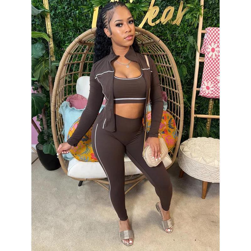 Casual 3 Piece Set Women Tracksuit Elastic Vest+Zip Jacket+Leggings Matching Street Sporty Fitness Street Shapewear