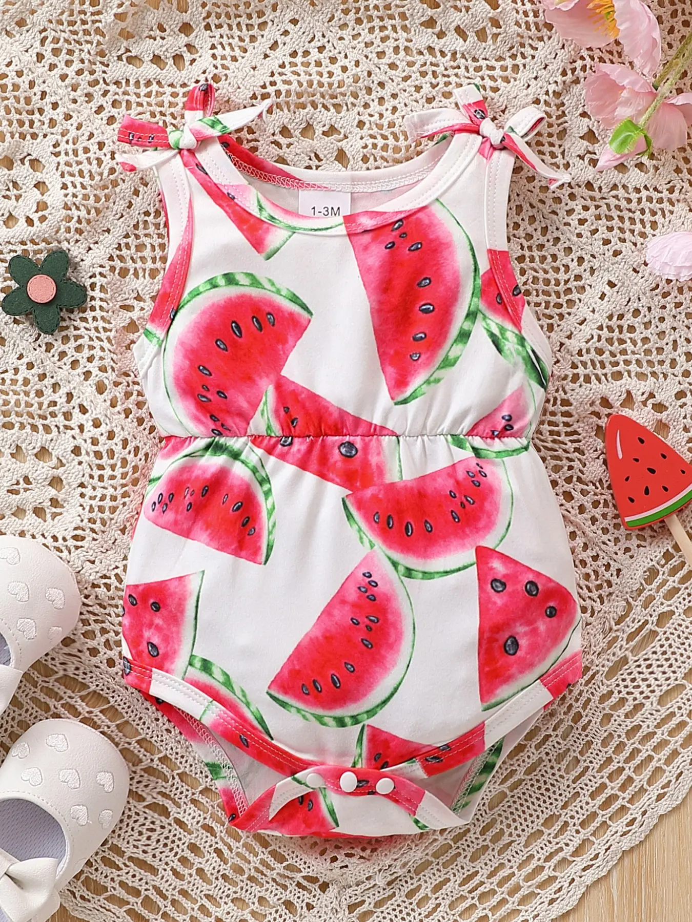 Watermelon Print Sleeveless Baby Girl Swimsuit, Sweet Style with Bow Tie & Snap Closure, Summer Beach Pool One-Piece Swimwear