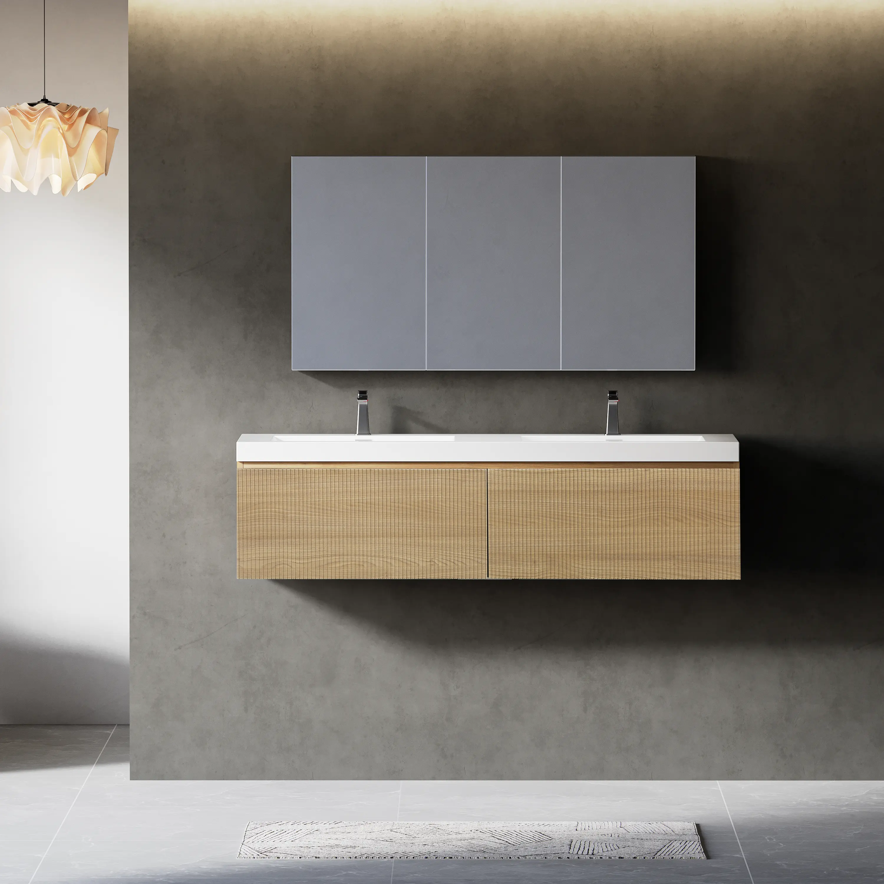 60-Inch Floating Mount Bathroom Vanity, ARCH Wall-Mounted Engineered Wood Cabinet with Double Sinks, Wave Texture Soft-Close Drawer, Natural Oak Finish, Glossy White Solid Surface Basin, Fully Assembled Modern Storage Solution