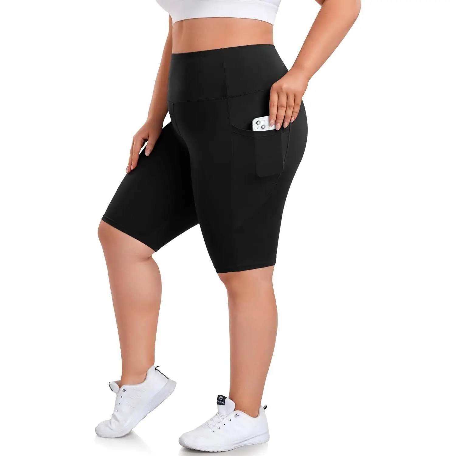 Women's Sporty Chic High-Waisted Fleece Plus Size 8" Biker Shorts with Pockets - Spandex Yoga Shorts for Gym, Cycling Workouts, Shape‑Hold Pockets, Soft Spandex Flex