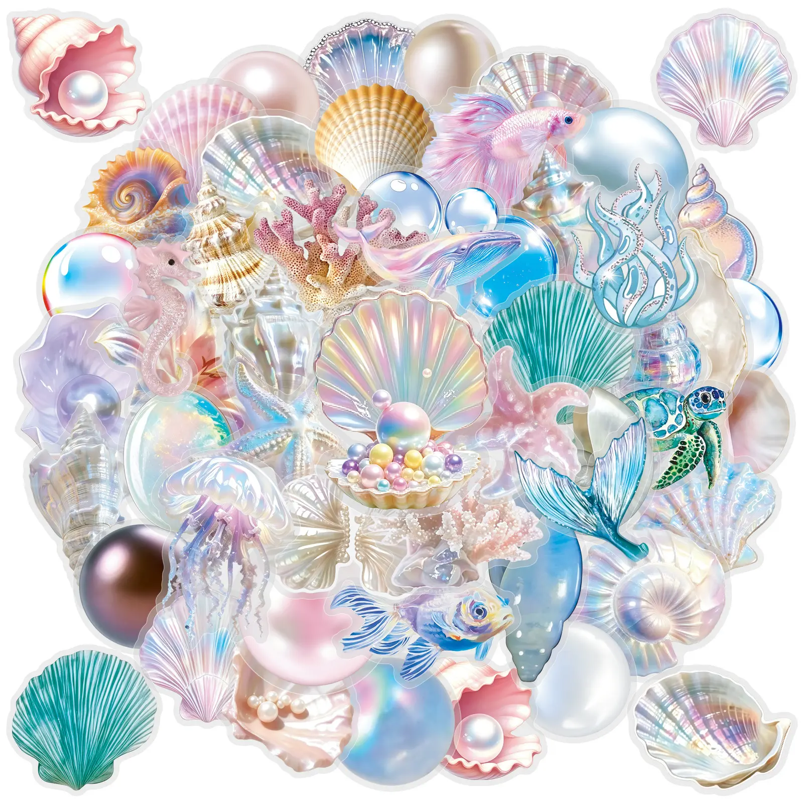 50pcs Colorful Seashell Transparent PET Graffiti Stickers, Waterproof DIY Decorative Creative Cool Stickers Suitable for Luggage, Phone Cases, Laptops, Helmets and Skateboards