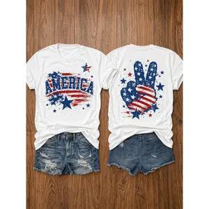 USA 250th Anniversary Independence Day American Flag Stars and Stripes Print Crew Neck T-Shirt, Summer Casual Vacation Women's Short Sleeve Top, Soft Stretch Fabric,4th of july shirts
