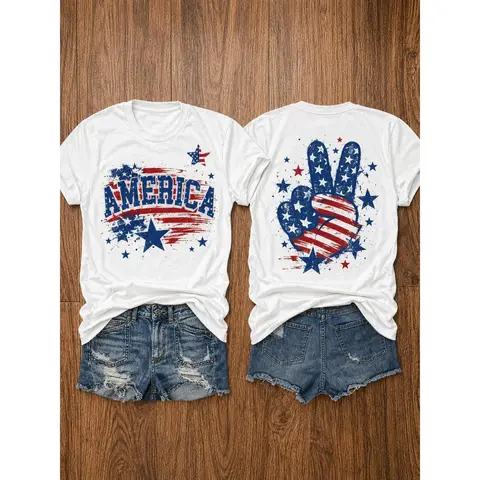 Women's Aesthetic Patriotic Graphic Tee in a Relaxed Fit, 100% Cotton Round Neck Top with Peace Sign Print