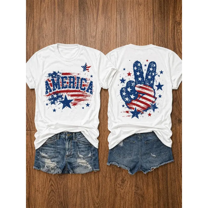 Women's Aesthetic Patriotic Graphic Tee in a Relaxed Fit, 100% Cotton Round Neck Top with Peace Sign Print