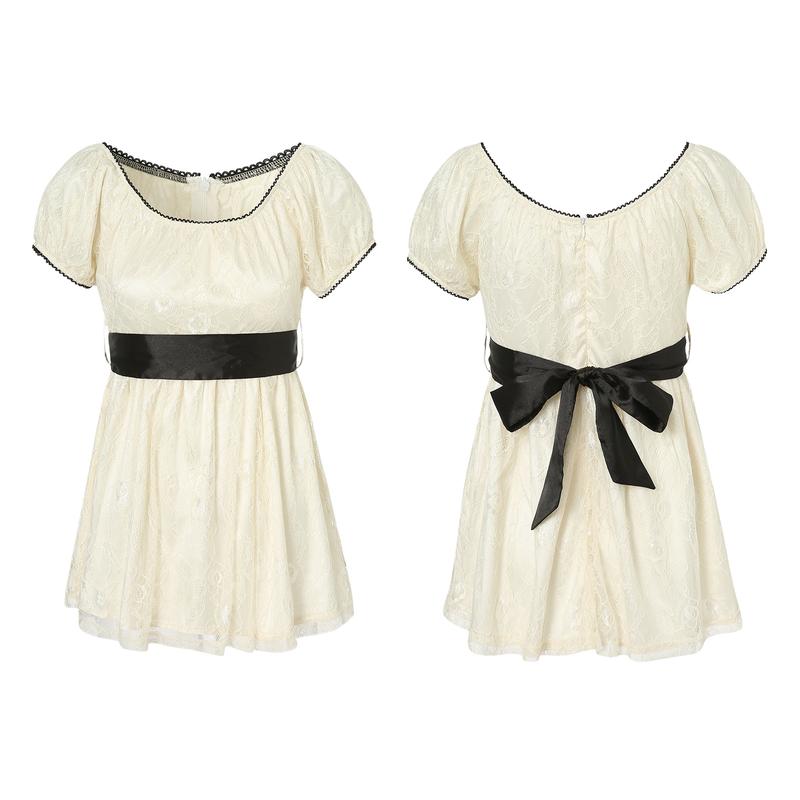 Women Long Tops, Patchwork Short Sleeve A-line Shirt Vintage Girl Lace Holiday Streetwear