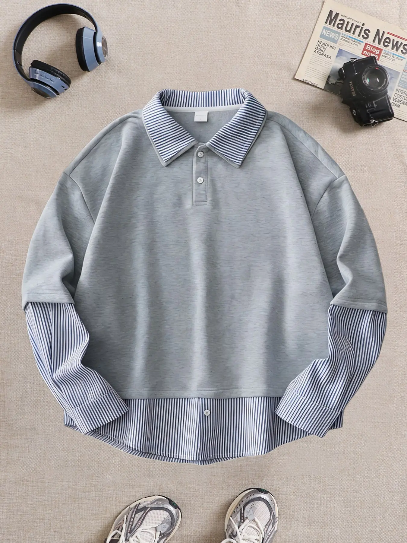 Men's Fake Two-Piece Striped Patchwork Polo Sweatshirt, Loose Long Sleeve Layered Casual Streetwear Top, Comfortable and Stylish