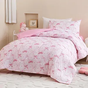 Twin Size Pink Check Comforter Set for Kids, Toddler, Boys&Girls, 4 Pieces Bed-in-a-Bag Bedding Set, All Season Ultra Soft Oeko TEX Sheets Set with Comforter (Pink Bow)