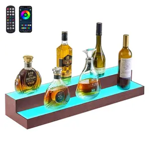 VEVOR LED Lighted Liquor Bottle Display, 3 Tiers 20 Inches Whiskey Rack, Supports USB, Illuminated Home Bar Shelf with RF Remote App Control, 9 Static Colors, Acrylic Lighted Shelf for 15 Bottles