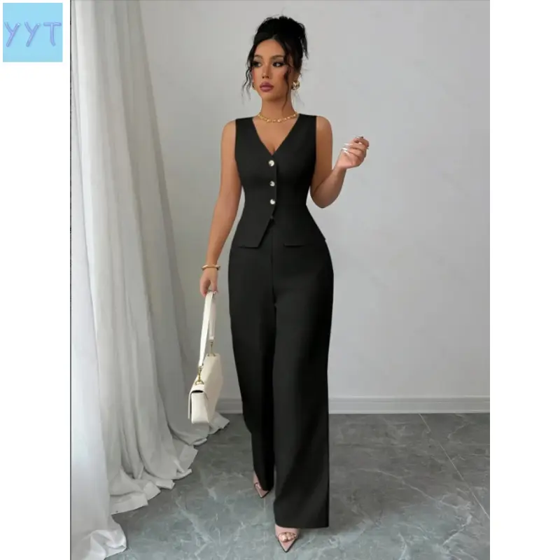 YYT1 A women's Chic Sleeveless Vneck luxury waist cinched Fitted suit vest set, Pants Top Set, same color scheme, suitable commuting, shopping, outdoor activities, Fitted clothing set