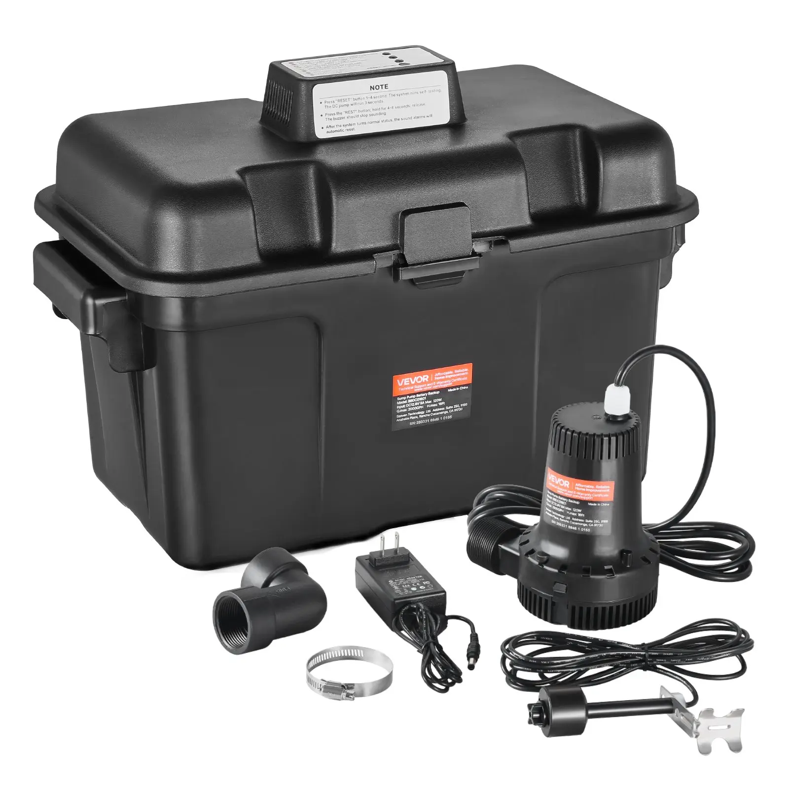 【Summerfinds】VEVOR BBDC01601 Basement Emergency Back-Up Sump Pump, 2000GPH 0.17 HP System with 15V Adapter, Float Switch, 24-Hour Monitoring Controller, Alerts, Charger, IP68 Waterproof PP Plastic, Black, Basement Drain