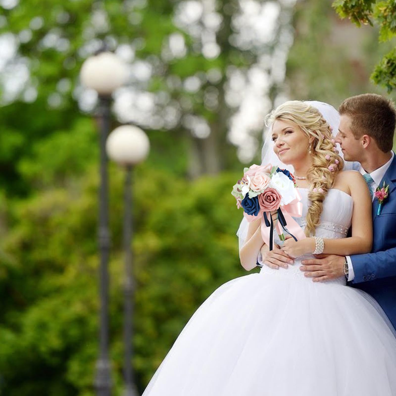 Artificial Bean Paste Rose and Blue Bridesmaid Bouquet, Bridesmaid Wedding Bouquet Flowers Pink Ornaments Decorative