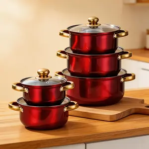 Deluxe red and gold five-piece cookware set, multi-functional saucepan and pot set with lid, suitable for kitchen
