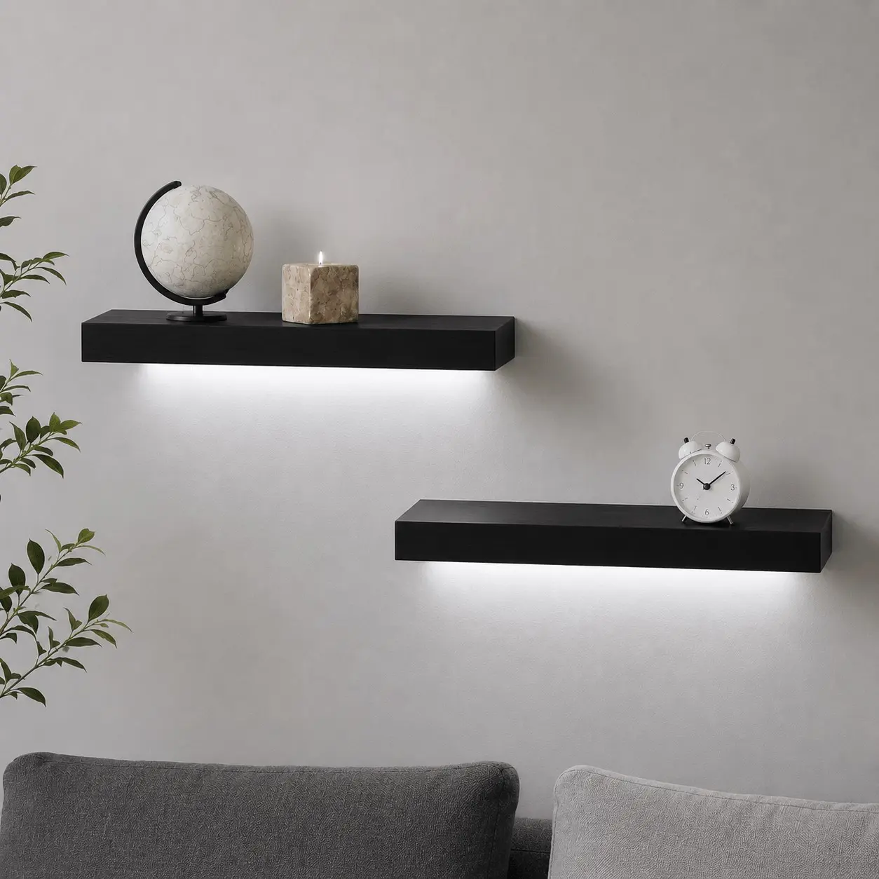 15.75 Inch Black Floating Wall Shelves with LED Lighting, Wood Storage Shelves with Hidden Brackets
