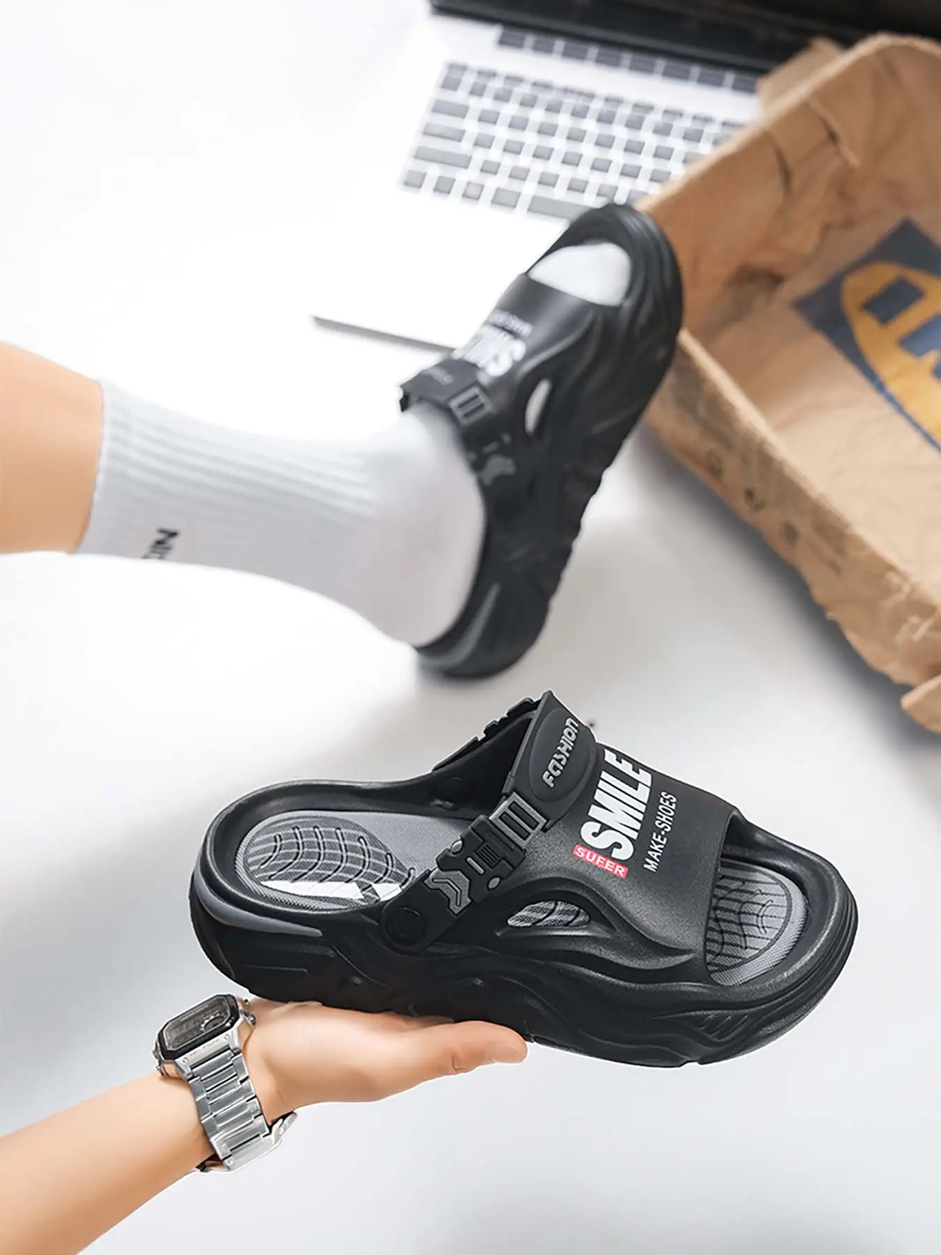 Men's Adjustable Strap Platform Air Cushion Slide Sandals, Wavy Texture Height Increasing Non-Slip EVA Sport Slides, Convertible Outdoor Beach Casual Slippers, Lightweight Sports Slippers