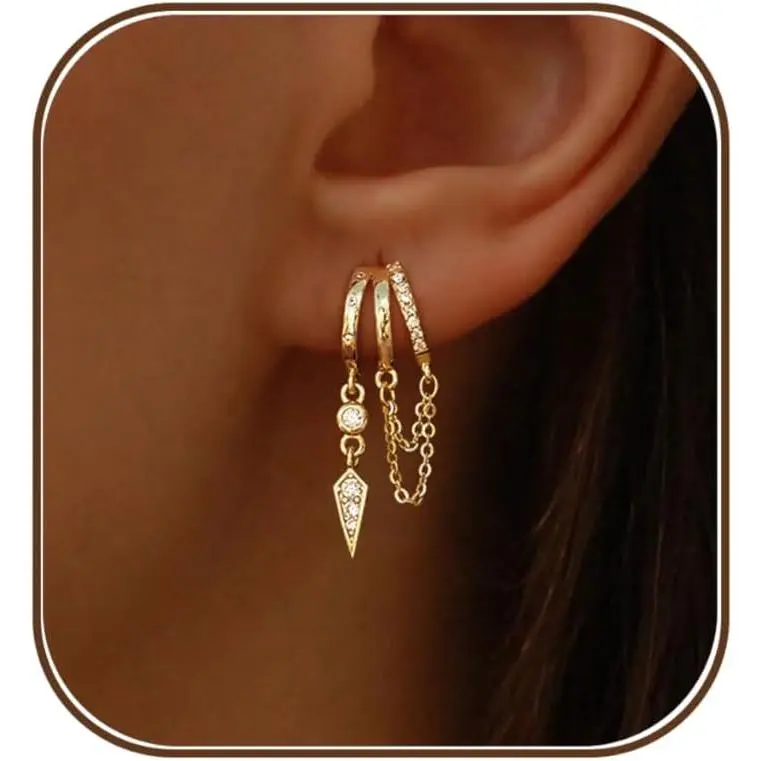 Dangle Earrings for Women,14k Gold Plated Triple Huggie Stud Earrings Cute Statement Chain Earring Dainty Drop Earrings for Women Trendy Gold Plated Jewelry