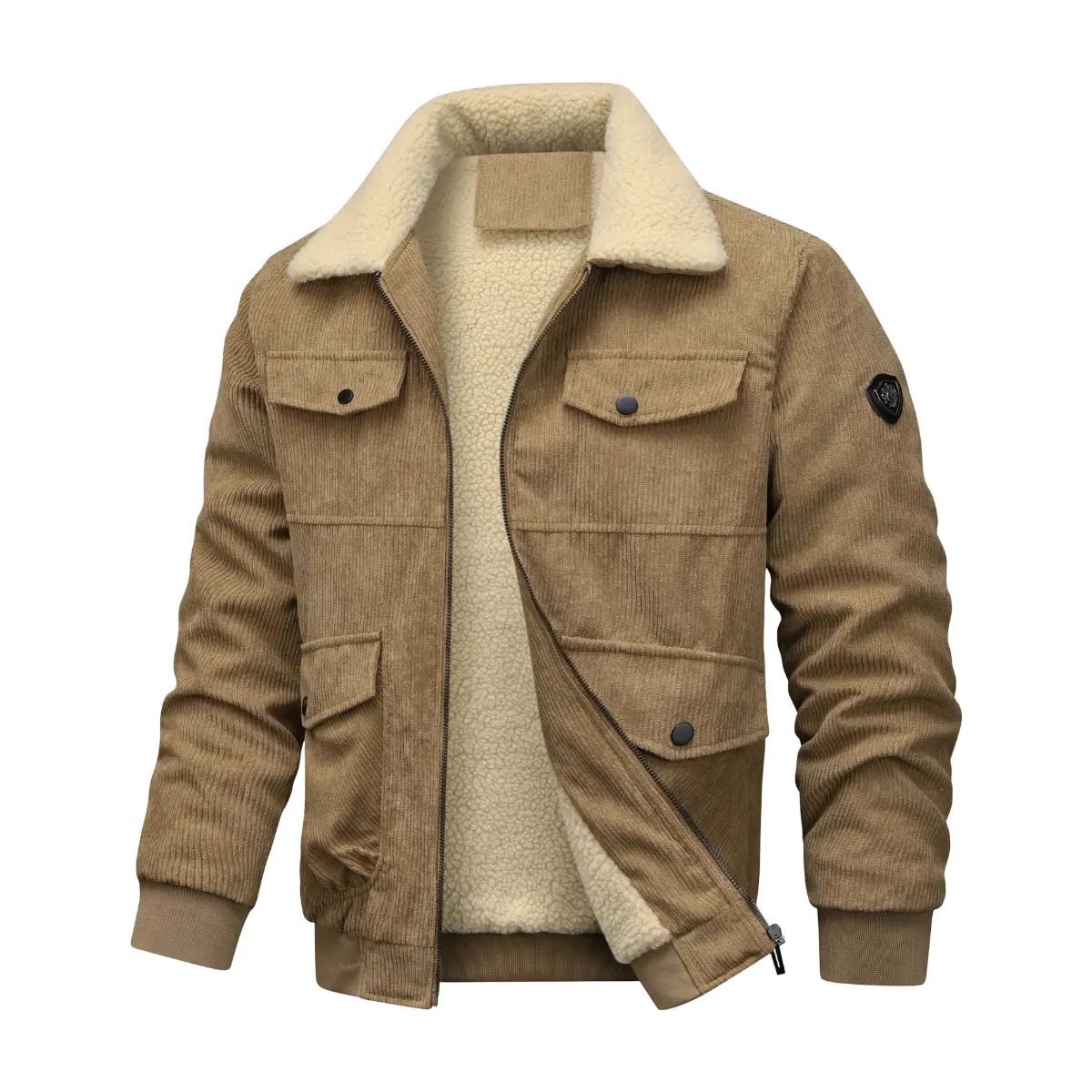 Men's corduroy plush lined truck jacket, plush collar zipper winter coat, retro retro jacket with multiple button pockets, ribbed cuffs and thick warm and loose hem, casual cold weather jacket, suitable for adult men's autumn and winter outdoor travel