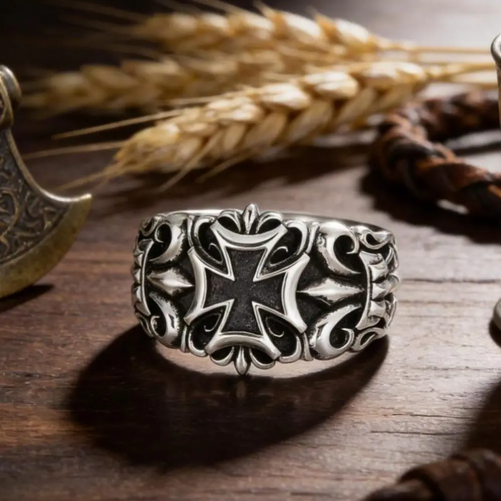 Medieval Knight Templar Ring Jewelry for Men, Adjustable Open Band, Gothic Maltese Cross Edgy Statement Bag Charm