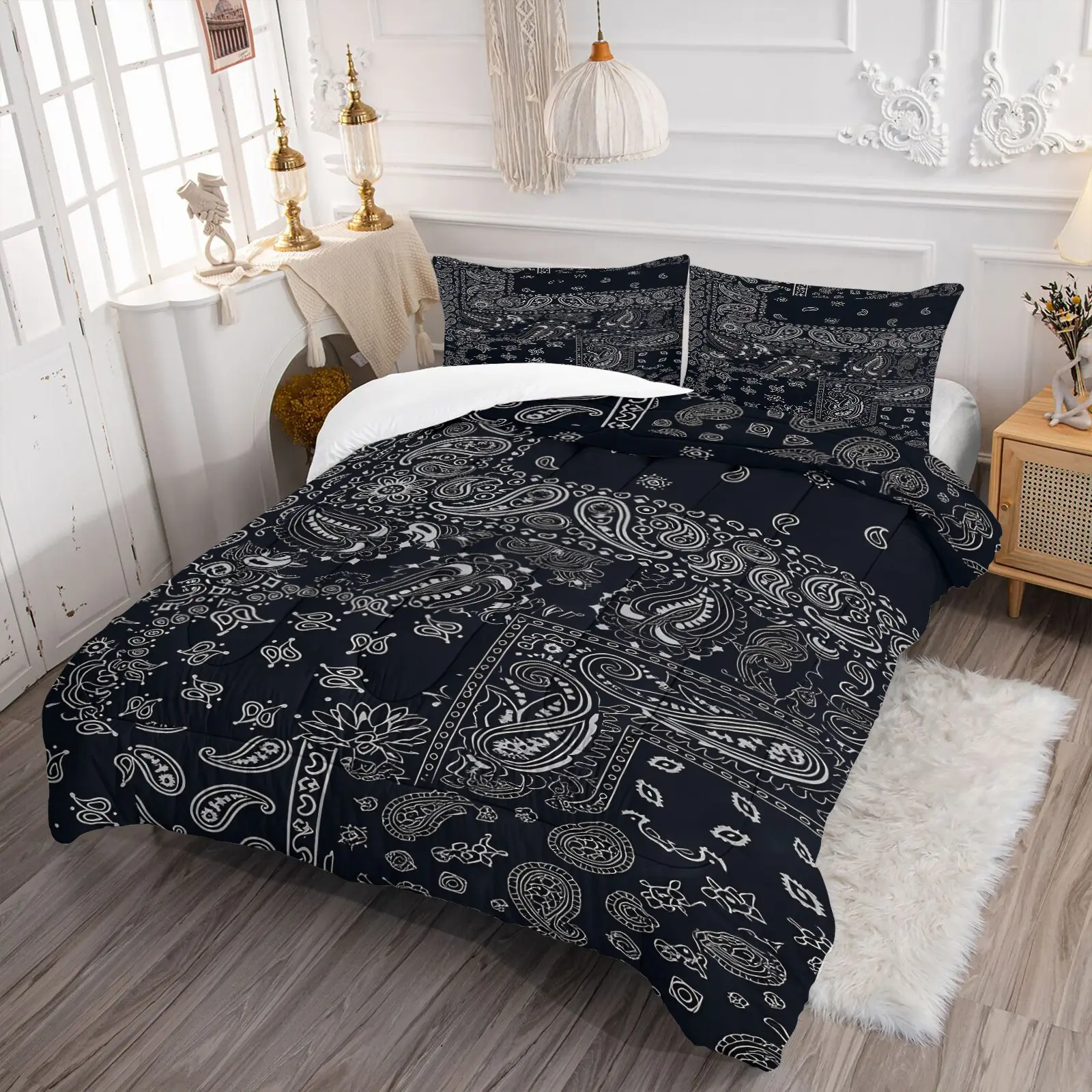 Black Background White Paisley Bandana Patchwork Comforter Set, Classic Vintage Floral Paisley Print, 1 Comforter + 1-2 Pillowcases, Soft Microfiber Washable Bedding, Neutral Retro Style All Season Bedroom Quilt Set
