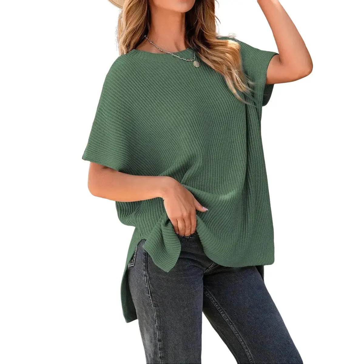Women's Elegant Minimalist Knit Top, Casual Batwing Puff Sleeve Sweater, Solid Crewneck Pullover with Side Slit, Knitwear, Basic