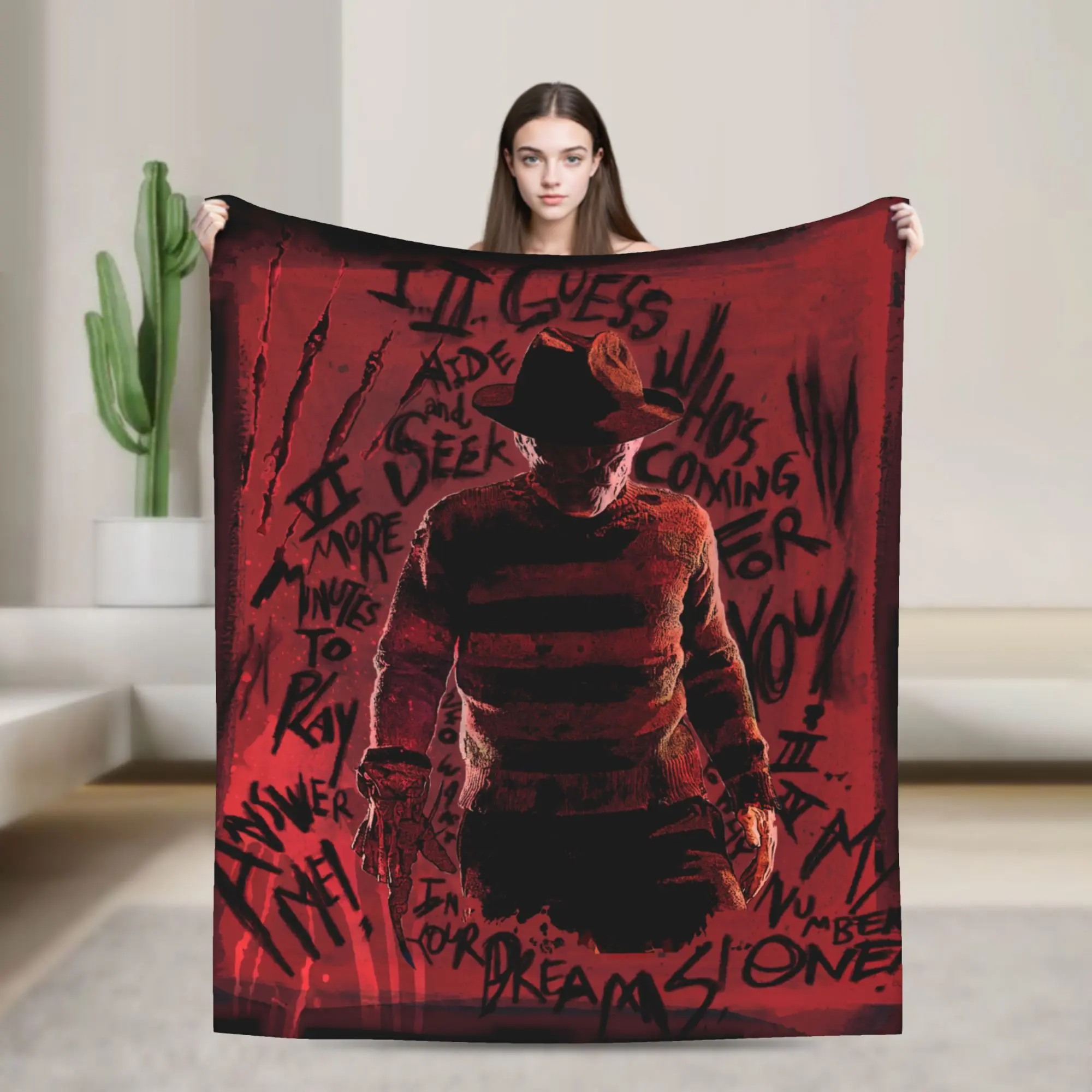 Freddy Krueger A Nightmare on Elm Street Graffiti Quote Flannel Throw Blanket, Blood Claw Horror Character Blanket, Soft Lightweight Cozy  Blanket for Sofa Bed Dorm, Halloween Decor Gift for Horror Movie Fans