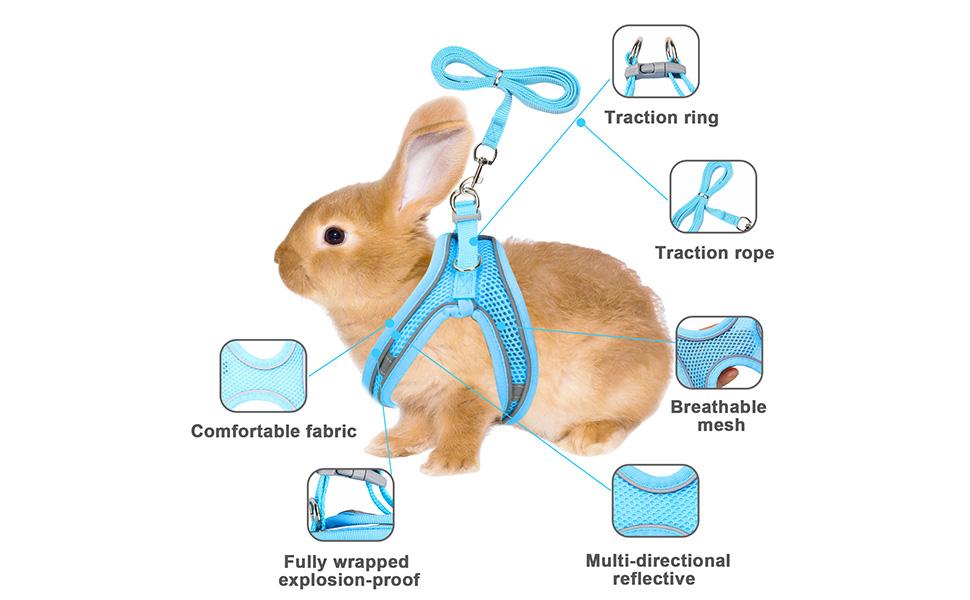 2 Pack Rabbit Harness and Leash Set, Double Buckle Bunnies Harness with Reflective Strips Soft Breathable Mesh Vest Harness for Rabbits Walks Accessories(Blue and Black)