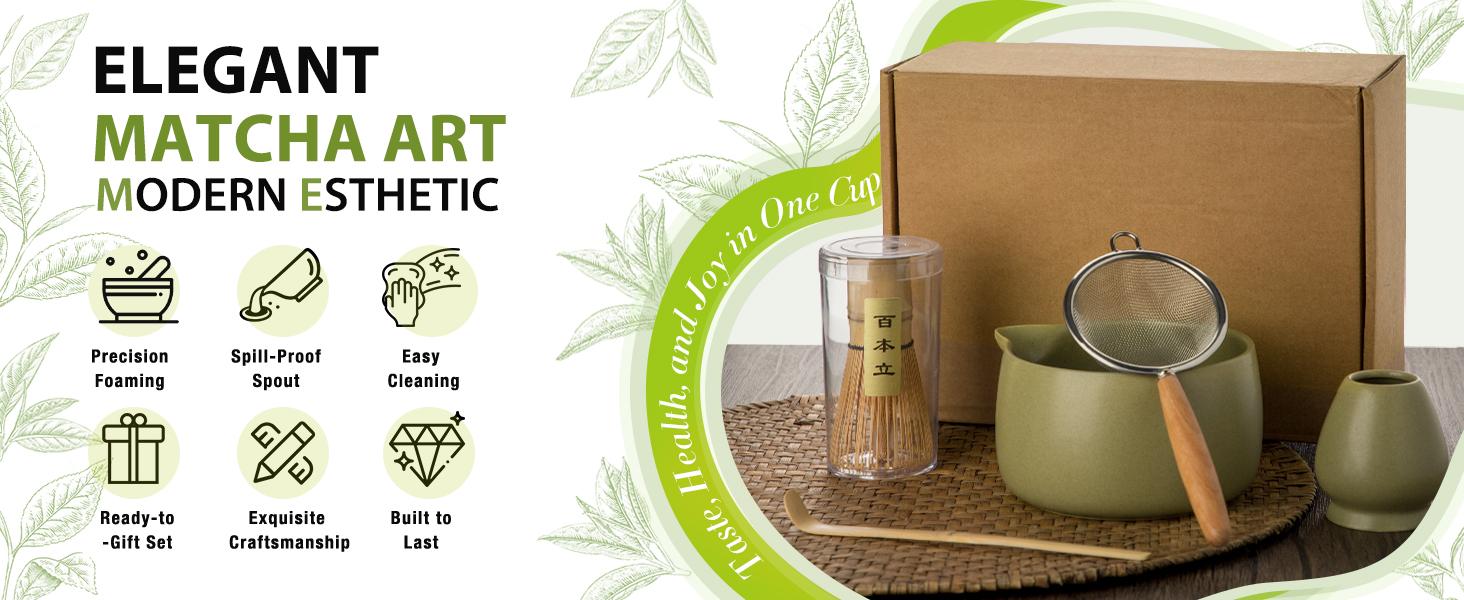 20OZ Matcha Whisk Set - 5PCS Japanese Tea Set Includes Matcha Bowl with Spout, Bamboo Whisk with Ceramic Holder, Bamboo Scoop and Sifter, Matcha Kit for Ceremony, Gift for Matcha Lovers (Matcha Green)