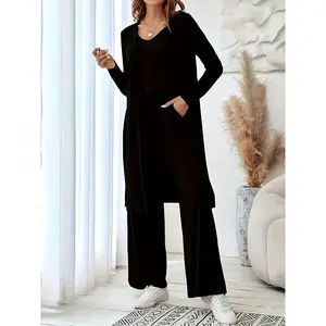 Large size long cardigan vest casual pants set three-piece women's 2025 spring and autumn new versatile set Long Sleeve Clothes Trouser Womenswear