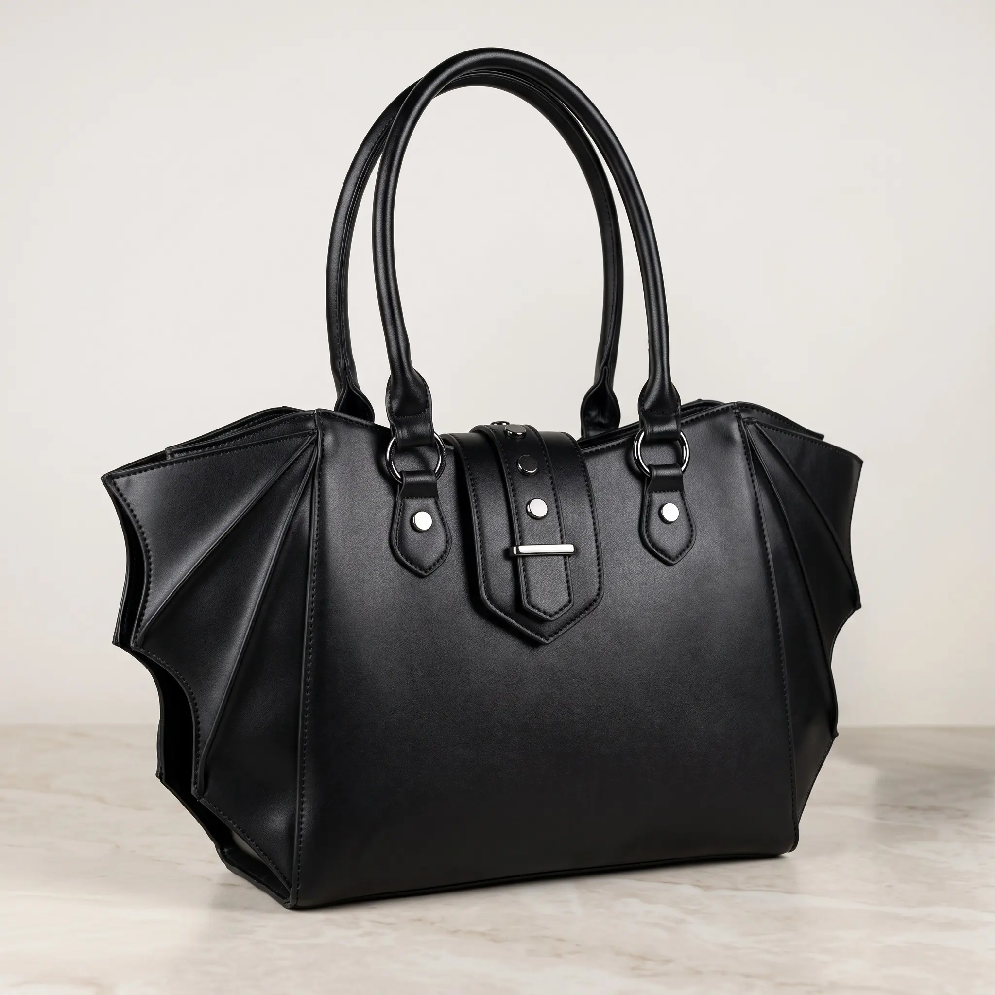 Women's Large Capacity Bat Wing Tote Bag - Gothic Black PU Leather, Retro Patchwork with Stitched Panels, Top Handle Crossbody Satchel Purse for Daily Commute, Cosplay Party