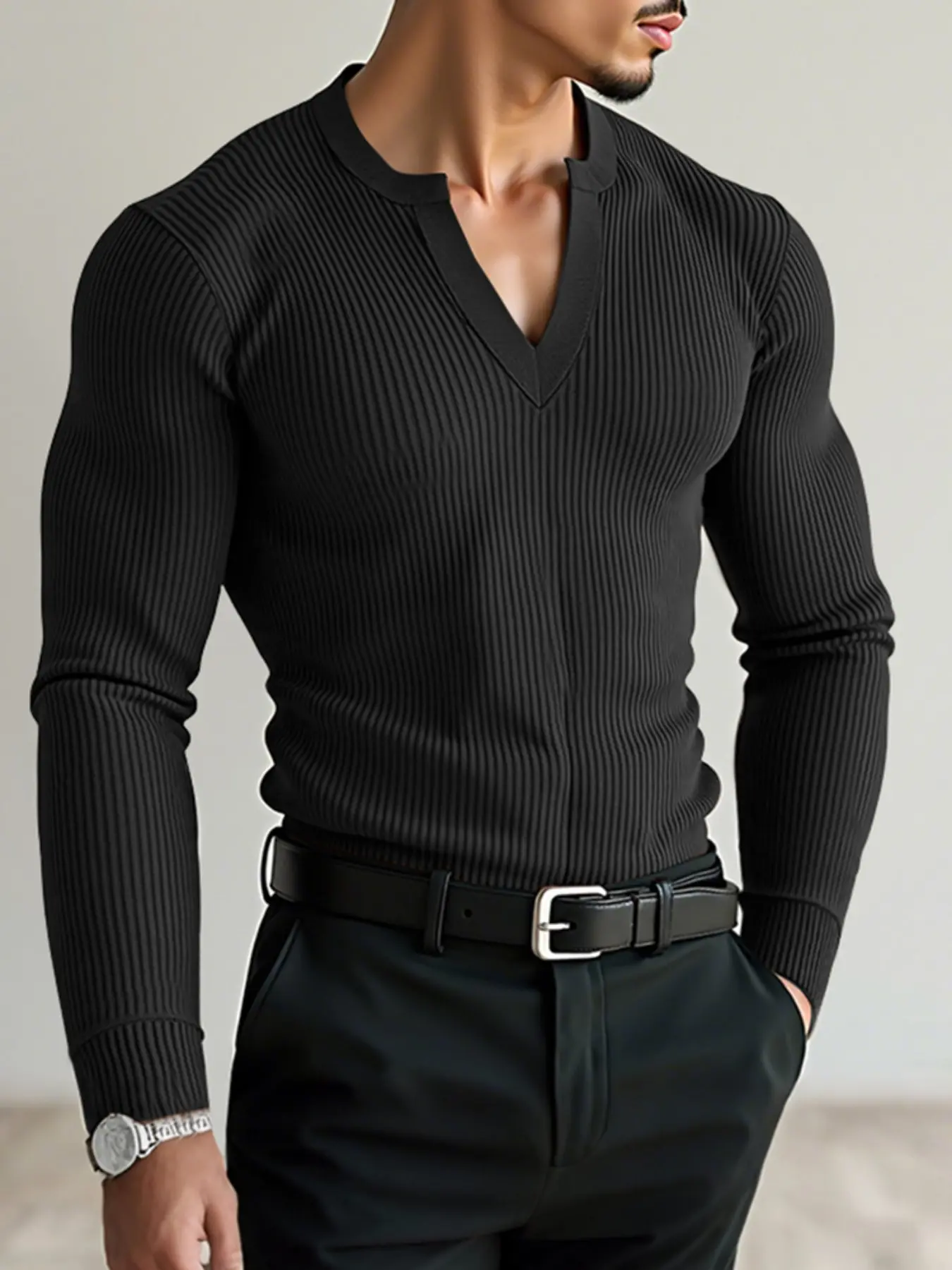 INCERUN Men's Fashion Solid Color Knitted Ribbed Long Sleeve T-Shirt, Stylish and Comfortable, Perfect for Daily Wear, Trendy Men's Apparel Knitwear