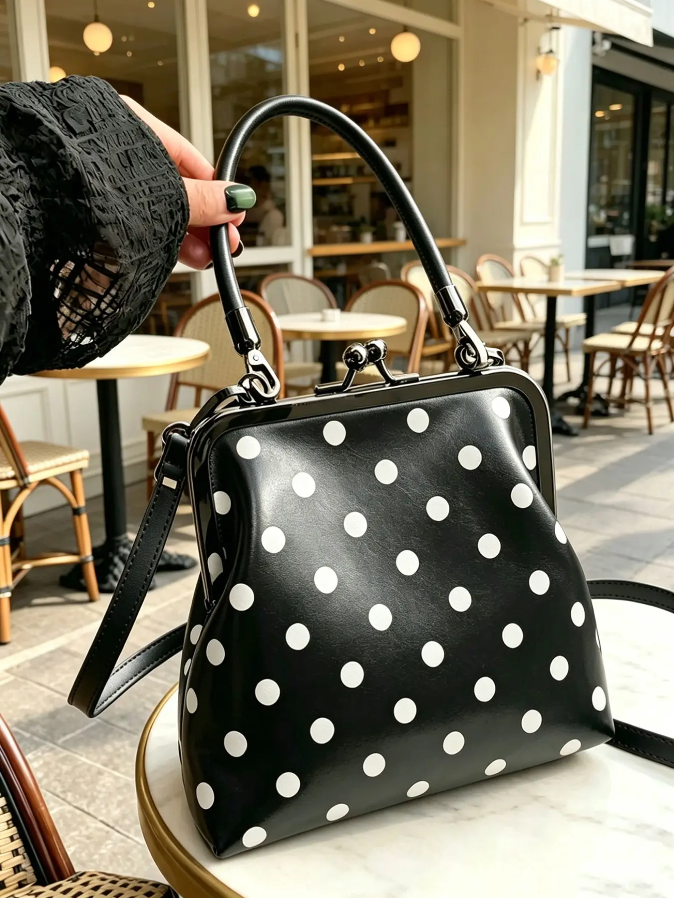 Women's Black & White Polka Dot Kiss-Lock Frame Handbag, Vintage PU Leather Doctor Bag with Top Handle & Detachable Crossbody Strap, Retro Medium Structured Shoulder Bag for Daily, Work, Date & Party