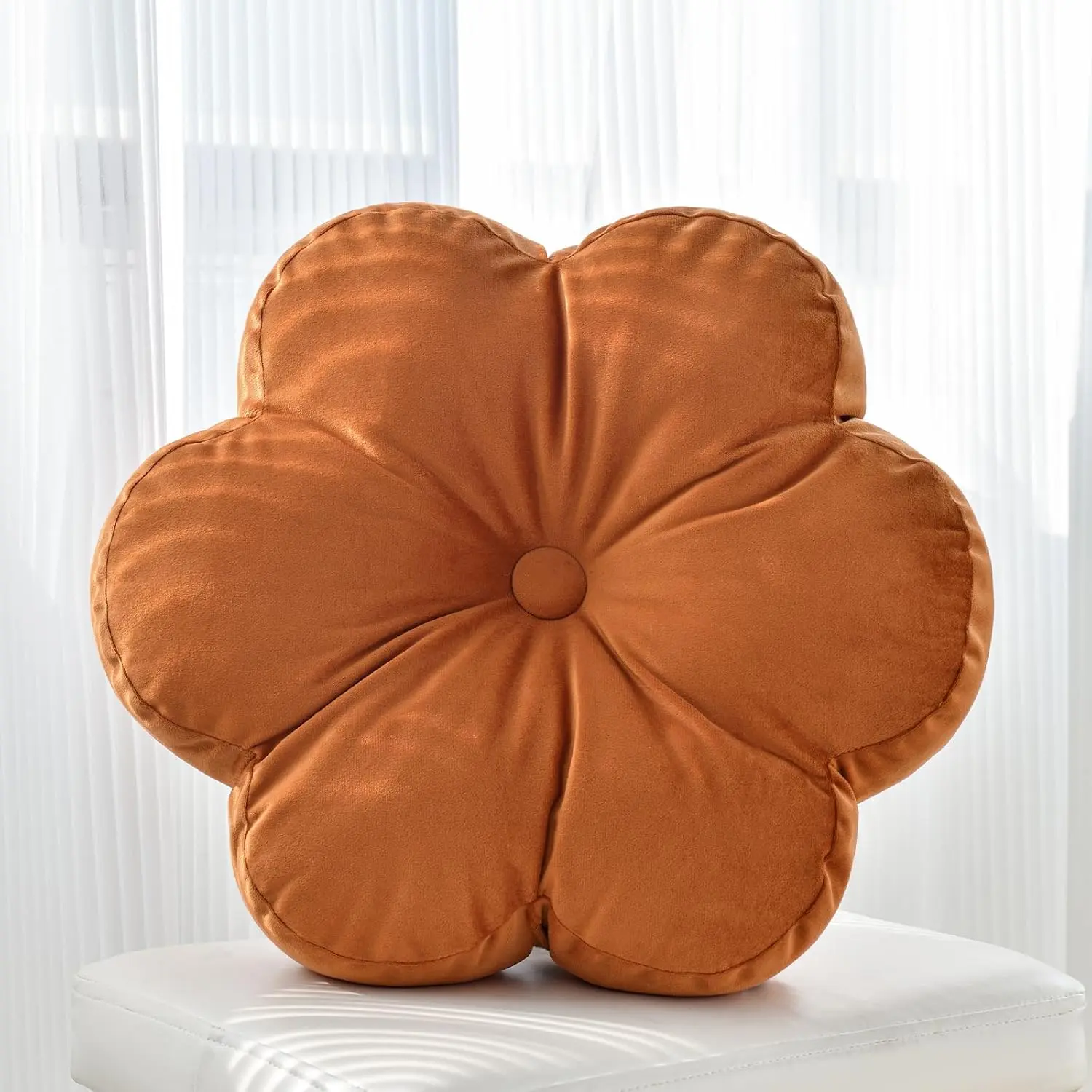 Modern Synthetic Fiber Flower-Shaped Pillow, 15-Inch Caramel Decor Cushion for Couch, Bed, Living Room & Bedroom Seating