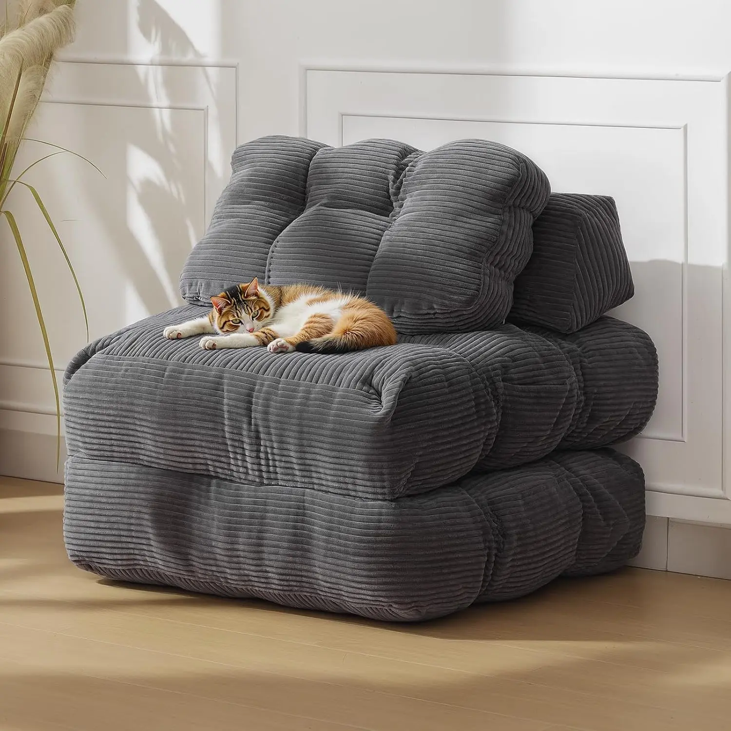Modern Single Modular Lazy Sofa Bed - Adult Foam Convertible Couch with Pillow, Foldable Full Size Mattress, Back Support, Bed-to-Sofa Conversion for Living Room, Gaming (General Use for Adults)