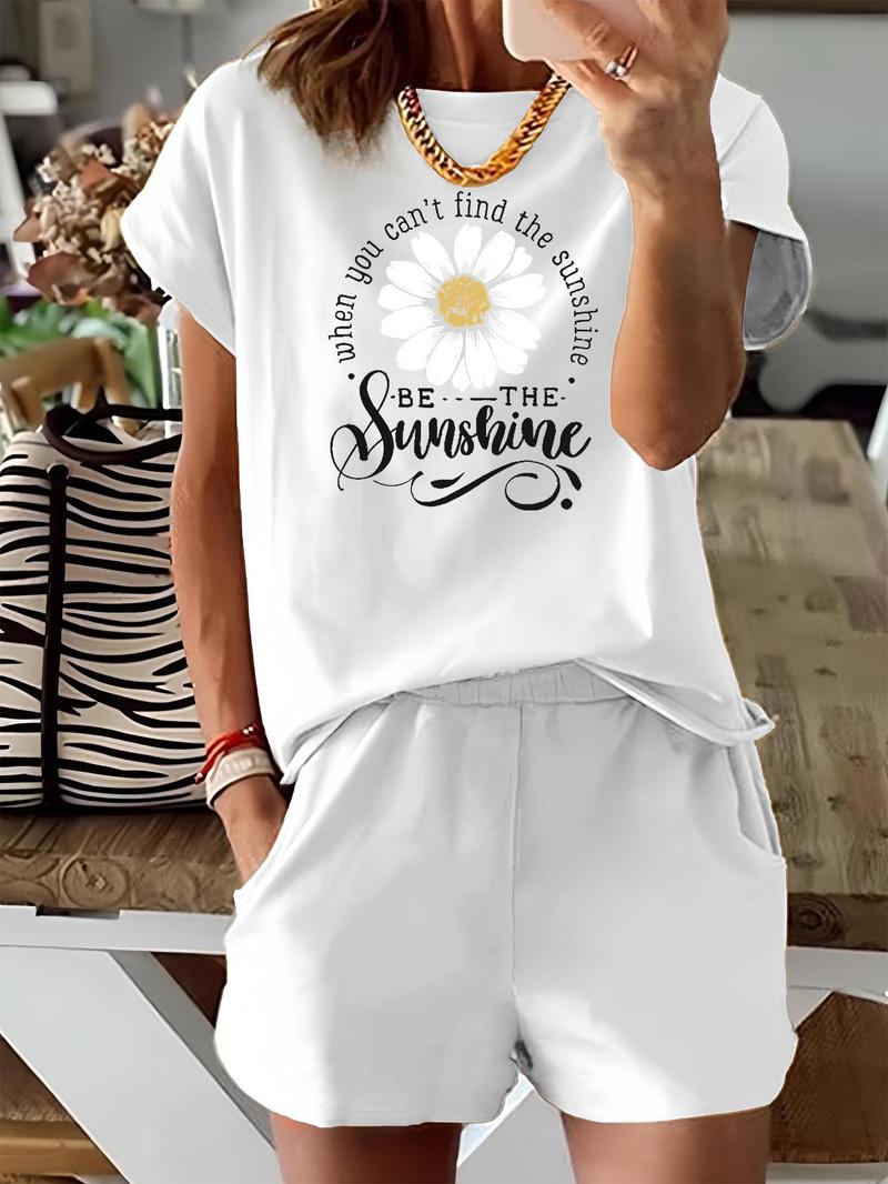 Women's Floral & Letter Print Two-piece Set, Casual Short Sleeve Tee & Elastic Waist Shorts Set, Ladies Summer Outfits for Daily Wear