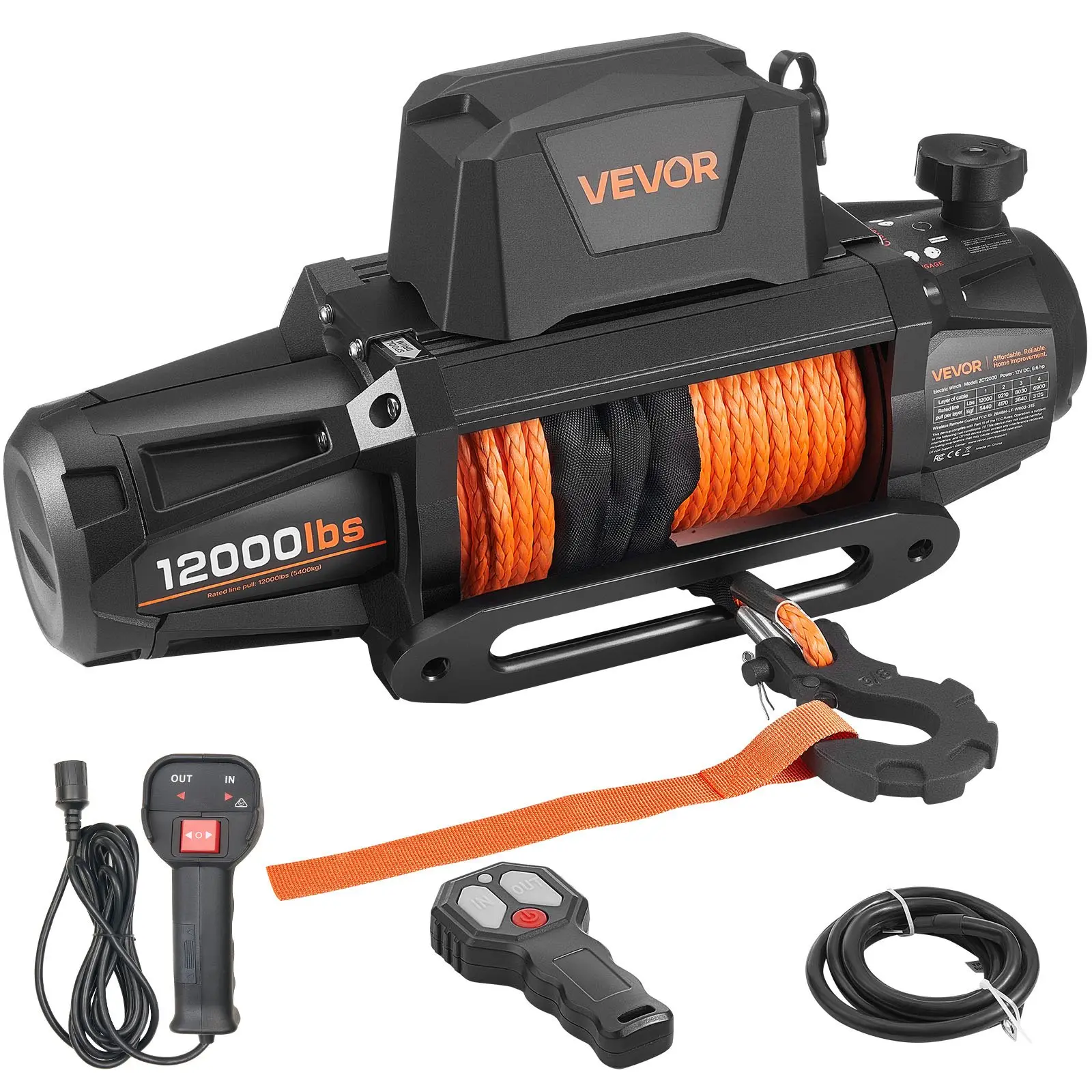 VEVOR Electric Winch, 12000 lbs Load Capacity, 12V DC Truck Winch with Φ3/8 in x 92 ft Synthetic Rope, Wireless & Wired Remote Control, IP68 Waterproof for Towing Off-Road SUV Jeep Trailer Boat