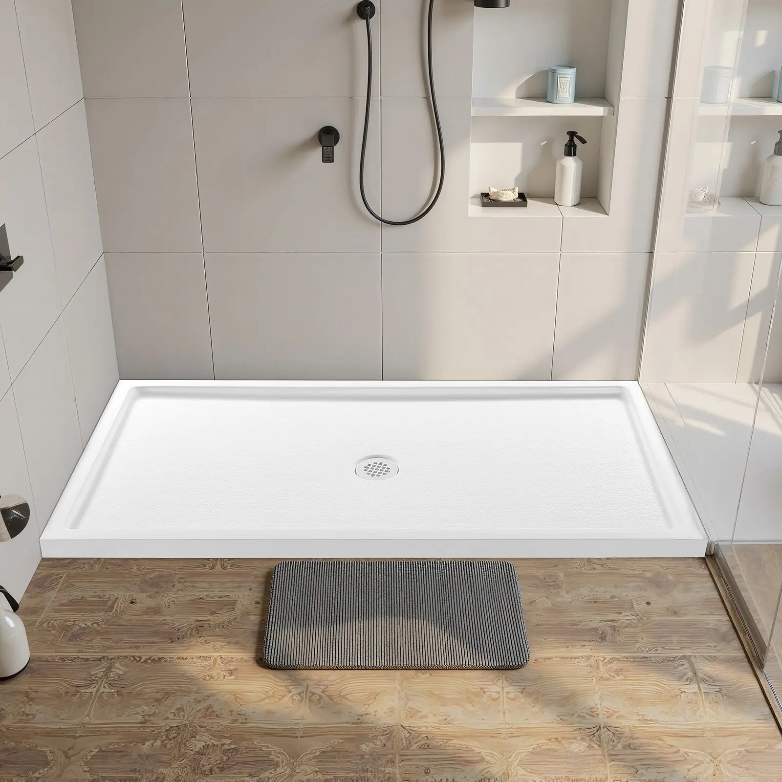 60x32 in Acrylic-PVC Single Threshold Rectangular Shower Pan Kit, White Slip-Proof Center Drain Base with Drain Cover, Durable Easy-to-Install Bathroom Receptor