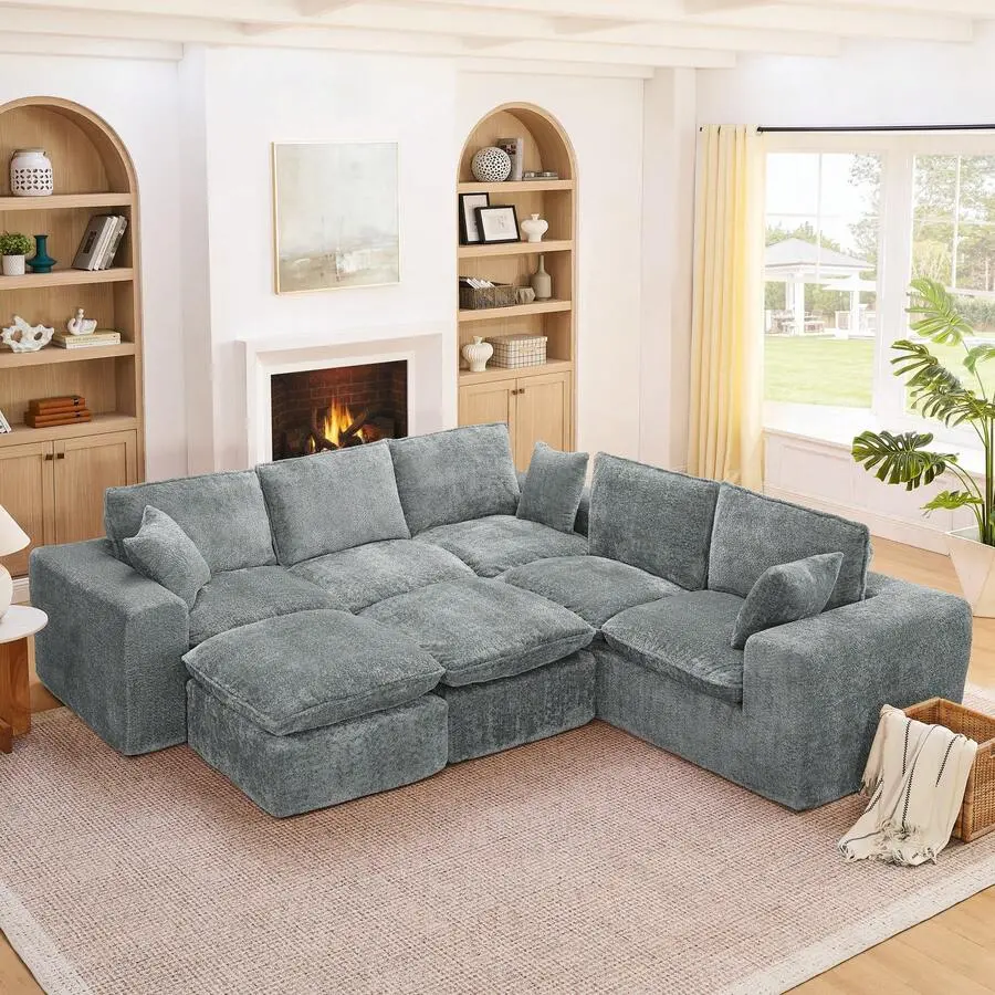 Rhomtree 107" Modern Boucle L-Shaped Sectional Sofa With Two Moveable Ottomans Living Room, Comfy Cloud Couch With Pillows, Combination